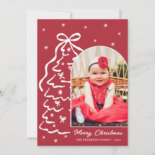 Whimsical Hand-Drawn Red Christmas Tree Arch Photo Feestdagenkaart (Voorkant)