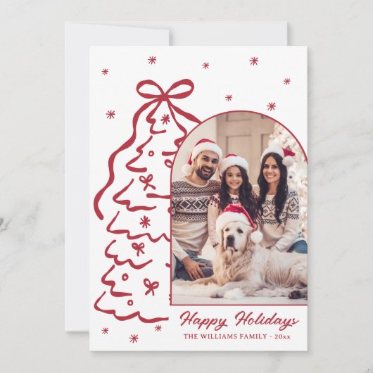 Whimsical Hand-Drawn Red Christmas Tree Arch Photo Feestdagenkaart (Voorkant)