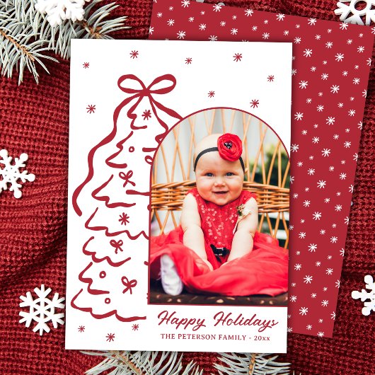 Whimsical Hand-Drawn Red Christmas Tree Arch Photo Feestdagenkaart