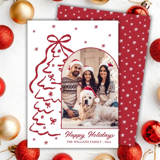 Whimsical Hand-Drawn Red Christmas Tree Arch Photo Feestdagenkaart