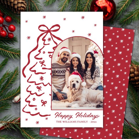 Whimsical Hand-Drawn Red Christmas Tree Arch Photo Feestdagenkaart