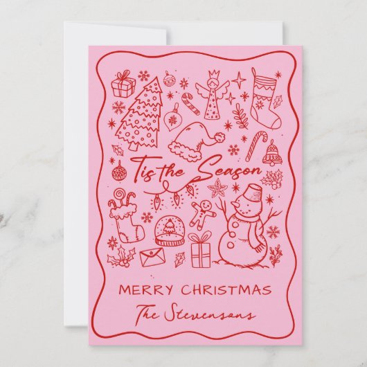 Whimsical Hand Drawn Red Pink Fun Photo Christmas Feestdagenkaart (Voorkant)