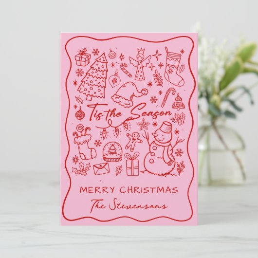 Whimsical Hand Drawn Red Pink Fun Photo Christmas  Feestdagenkaart (Staand voorkant)