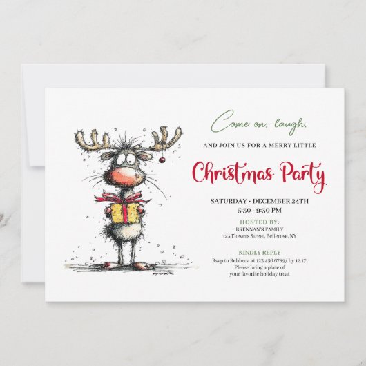 Whimsical hand drawn reindeer party invitation kaart (Voorkant)