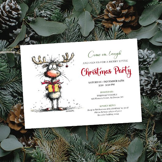 Whimsical hand drawn reindeer party invitation kaart