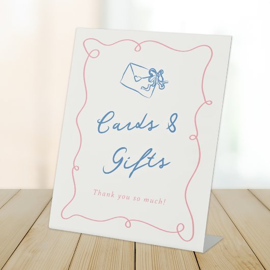 Whimsical Hand Drawn Roze & Blauwe Kaarten & Gesch Reclamebord Met Voetstuk