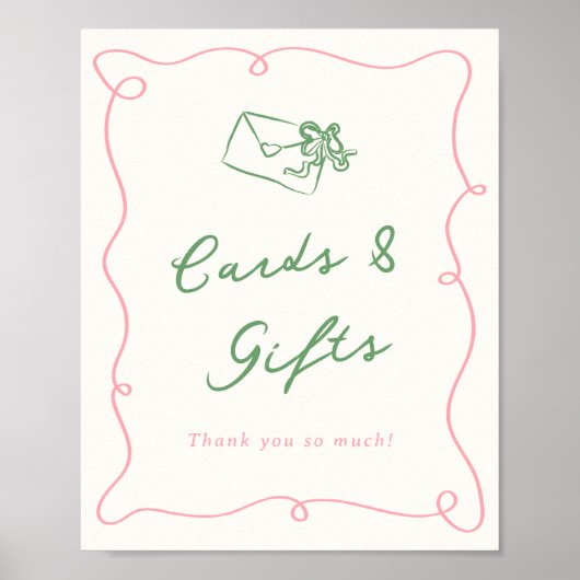 Whimsical Hand Drawn Roze & Groene Kaarten & Gesch Poster (Voorkant)