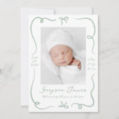 Whimsical Hand-Drawn Sage Green Bows 2 Foto Geboor Aankondiging (Voorkant)