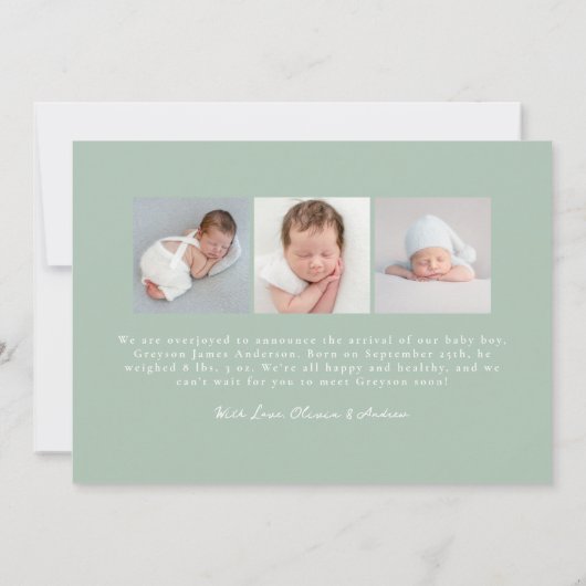 Whimsical Hand-Drawn Sage Green Bows 4 Foto Geboor Aankondiging (Achterkant)