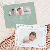 Whimsical Hand-Drawn Sage Green Bows 4 Foto Geboor Aankondiging