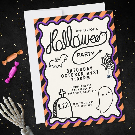 Whimsical Hand Drawn Schattige Halloween Party Kaart