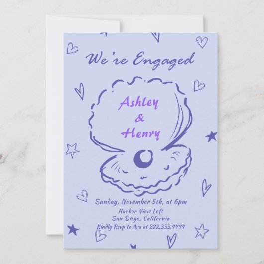 Whimsical Hand Drawn Shell Beach Engagement Party Kaart (Voorkant)
