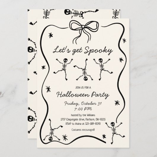 Whimsical Hand Drawn Skeleton Bow Lijst Halloween Kaart (Voorkant / Achterkant)