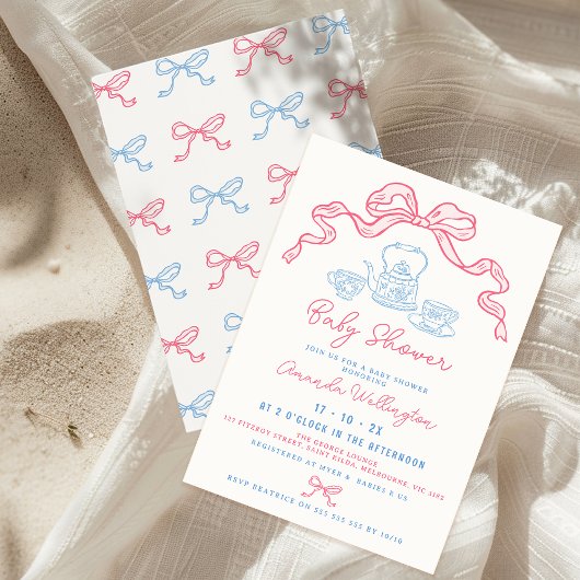 Whimsical Hand Drawn Tea Bow Baby shower Kaart