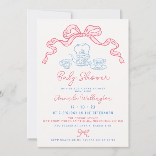 Whimsical Hand Drawn Tea Bow Baby shower Kaart (Voorkant)
