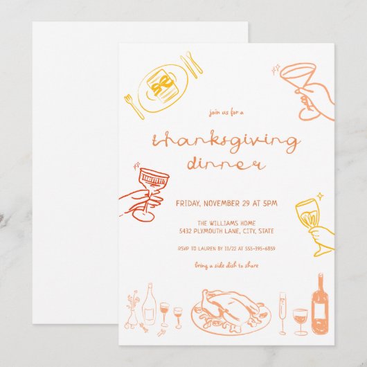 Whimsical Hand Drawn Thanksgiving Diner Uitnodigen Kaart (Voorkant / Achterkant)