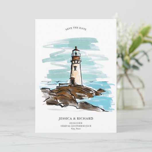 Whimsical Hand Drawn Venue Kustvuurtoren Kaart (Staand voorkant)