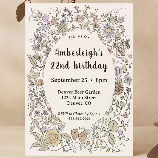 Whimsical Hand Drawn Waterverf Bloemen Bday Party Kaart