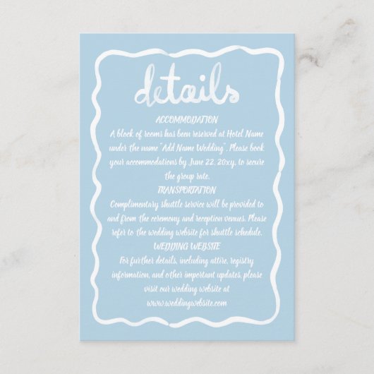 Whimsical Hand Drawn Wavy Lichtblauw Wit Lijst Informatiekaartje (Voorkant)