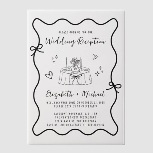 Whimsical Hand Drawn Wavy Lijst bruiloft receptie Vellum Uitnodigingen (Voorkant)