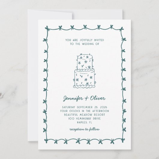 Whimsical Hand Drawn Wedding Cake Teal Kaart (Voorkant)