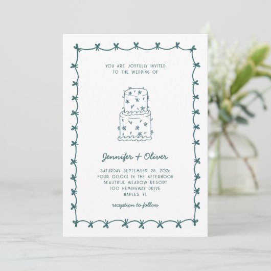Whimsical Hand Drawn Wedding Cake Teal Kaart (Staand voorkant)