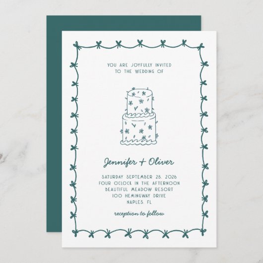 Whimsical Hand Drawn Wedding Cake Teal Kaart (Voorkant / Achterkant)