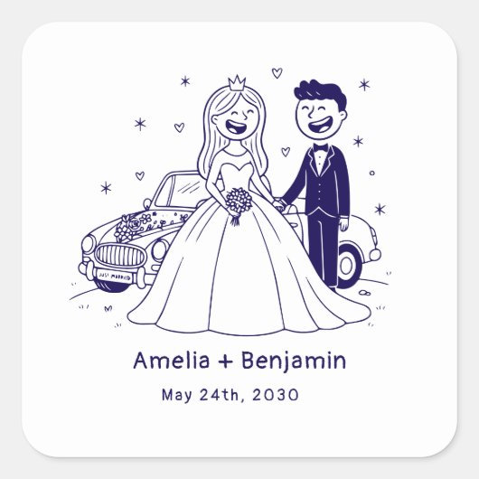 Whimsical Hand Drawn Wedding Couple | Wedding  Vierkante Sticker (Voorkant)