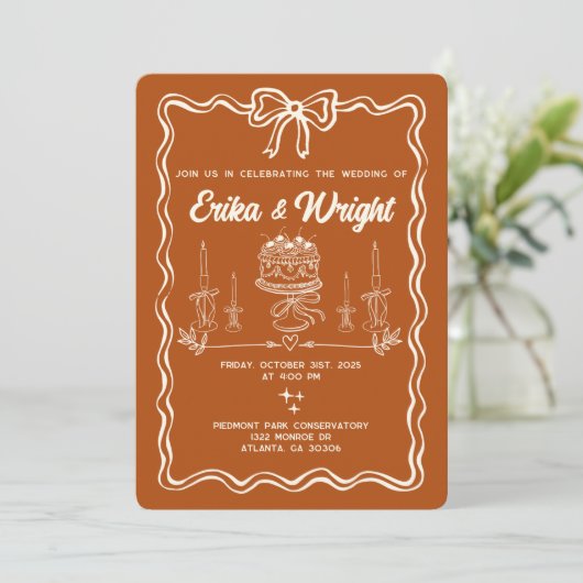 Whimsical Hand Drawn Wedding Invitation Cute Bows Kaart (Staand voorkant)