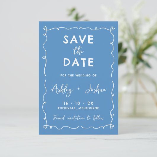 Whimsical Hand Drawn Wedding Save the Date Kaart (Staand voorkant)