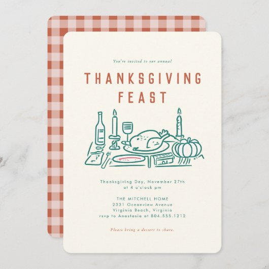 Whimsical Hand Geïllustreerd Thanksgiving Diner Kaart (Voorkant / Achterkant)