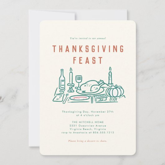 Whimsical Hand Geïllustreerd Thanksgiving Diner Kaart (Voorkant)