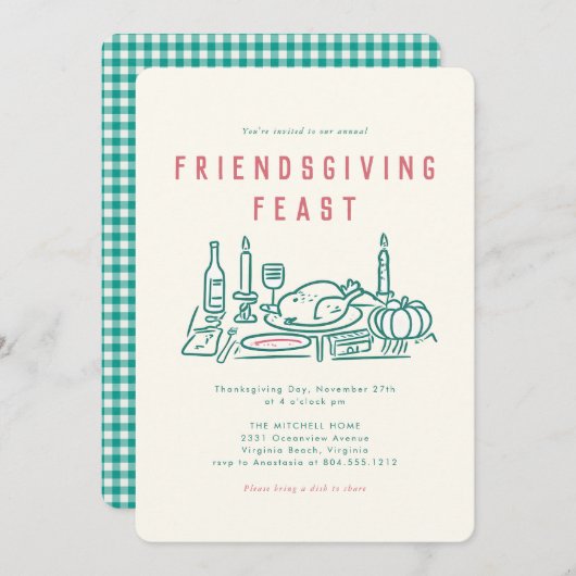 Whimsical Hand Geïllustreerd Vriendschap Diner Kaart (Voorkant / Achterkant)