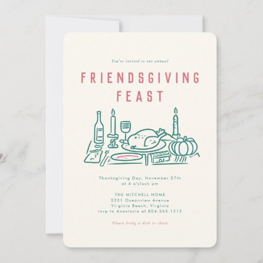 Whimsical Hand Geïllustreerd Vriendschap Diner Kaart (Voorkant)