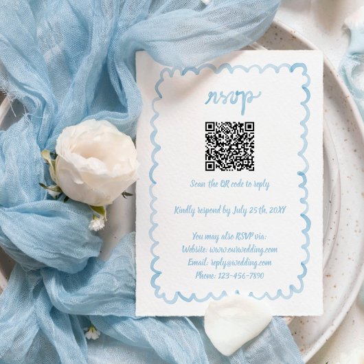 Whimsical Hand geïllustreerde lichtblauwe QR-code RSVP Kaartje
