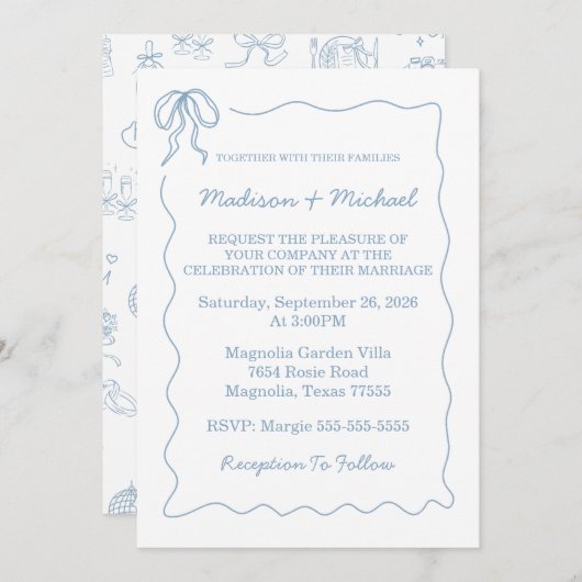 Whimsical Hand getekend blauw geïllustreerde bruil Kaart (Voorkant / Achterkant)