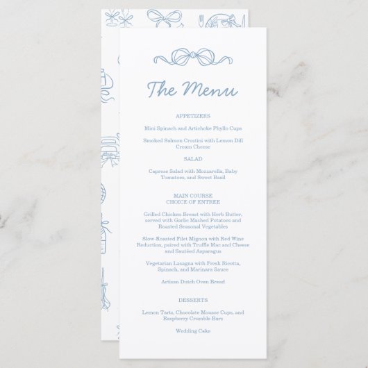 Whimsical Hand getekend blauw geïllustreerde bruil Menu (Voorkant / Achterkant)