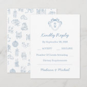 Whimsical Hand getekend blauw geïllustreerde bruil RSVP Kaartje (Voorkant / Achterkant)