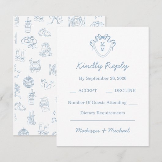 Whimsical Hand getekend blauw geïllustreerde bruil RSVP Kaartje (Voorkant / Achterkant)