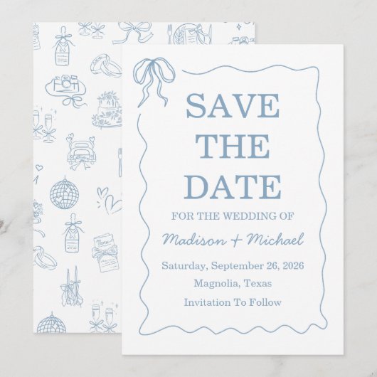 Whimsical Hand getekend blauw geïllustreerde bruil Save The Date (Voorkant / Achterkant)