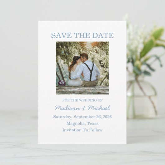 Whimsical Hand getekend blauw geïllustreerde bruil Save The Date (Staand voorkant)