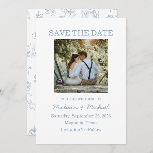 Whimsical Hand getekend blauw geïllustreerde bruil Save The Date (Voorkant / Achterkant)