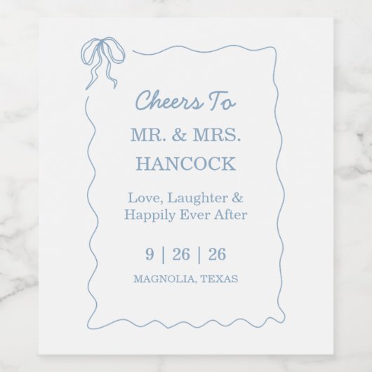 Whimsical Hand getekend blauw geïllustreerde bruil Wijn Etiket (Enkel label)