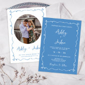 Whimsical Hand getekend Blauw Lijst Harten bruilof Kaart