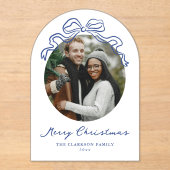 Whimsical Hand getekend Blue Bow Holiday Kerstmis Acryl Uitnodigingen (Voorkant)