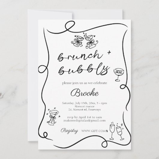 Whimsical Hand getekend Brunch & Bubbly Vrijgezell Kaart (Voorkant)