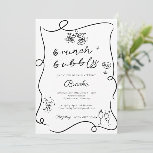 Whimsical Hand getekend Brunch & Bubbly Vrijgezell Kaart (Staand voorkant)