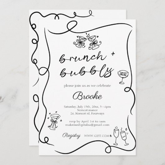Whimsical Hand getekend Brunch & Bubbly Vrijgezell Kaart (Voorkant / Achterkant)