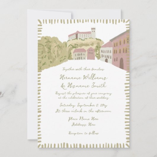 Whimsical Hand getekend Europa Hill Castle bruilof Kaart (Voorkant)