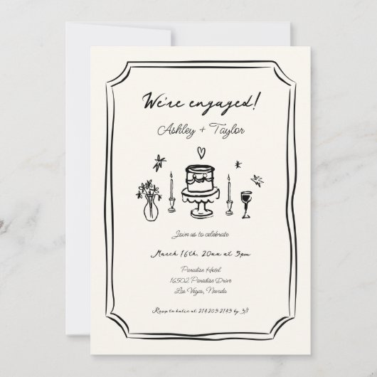 Whimsical Hand Getekend Excentriek Verlovingsfeest Kaart (Voorkant)